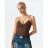 QINSEN Womens Double Lined Tank Tops V Neck Seamed Cup Adjustable Spaghetti Straps Bodycon Camisole Shirts(Brown)