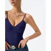 QINSEN Womens Double Lined Tank Tops V Neck Seamed Cup Adjustable Spaghetti Straps Bodycon Camisole Shirts(Navy Blue)