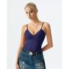 QINSEN Womens Double Lined Tank Tops V Neck Seamed Cup Adjustable Spaghetti Straps Bodycon Camisole Shirts(Navy Blue)
