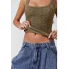 QINSEN Women’s Lace Trim Square Neck Sleeveless Double-Layer Tank Top(Brown)