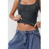 QINSEN Women’s Lace Trim Square Neck Sleeveless Double-Layer Tank Top(Dark Grey)
