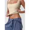 QINSEN Women’s Lace Trim Square Neck Sleeveless Double-Layer Tank Top(Khaki)