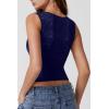 QINSEN Women’s Lace Trim Square Neck Sleeveless Double-Layer Tank Top(Navy)