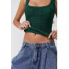 QINSEN Women’s Lace Trim Square Neck Sleeveless Double-Layer Tank Top(Pine Green)