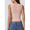 QINSEN Women’s Lace Trim Square Neck Sleeveless Double-Layer Tank Top(Pink)