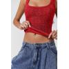 QINSEN Women’s Lace Trim Square Neck Sleeveless Double-Layer Tank Top(Red)