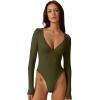 QINSEN Women’s Long Sleeve Bodysuit V Neck Body Suits Seamed Cup Going Out Tops Shirt(Army Green)