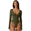 QINSEN Women’s Long Sleeve Bodysuit V Neck Body Suits Seamed Cup Going Out Tops Shirt(Army Green)