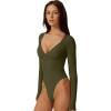 QINSEN Women’s Long Sleeve Bodysuit V Neck Body Suits Seamed Cup Going Out Tops Shirt(Army Green)