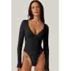 QINSEN Women’s Long Sleeve Bodysuit V Neck Body Suits Seamed Cup Going Out Tops Shirt(Black)