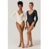 QINSEN Women’s Long Sleeve Bodysuit V Neck Body Suits Seamed Cup Going Out Tops Shirt(Black)