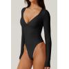 QINSEN Women’s Long Sleeve Bodysuit V Neck Body Suits Seamed Cup Going Out Tops Shirt(Black)
