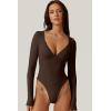 QINSEN Women’s Long Sleeve Bodysuit V Neck Body Suits Seamed Cup Going Out Tops Shirt(Coffee Bean)