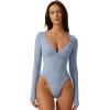 QINSEN Women’s Long Sleeve Bodysuit V Neck Body Suits Seamed Cup Going Out Tops Shirt(County Blue)