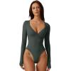 QINSEN Women’s Long Sleeve Bodysuit V Neck Body Suits Seamed Cup Going Out Tops Shirt(Dark Green)