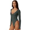 QINSEN Women’s Long Sleeve Bodysuit V Neck Body Suits Seamed Cup Going Out Tops Shirt(Dark Green)