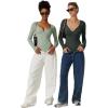QINSEN Women’s Long Sleeve Bodysuit V Neck Body Suits Seamed Cup Going Out Tops Shirt(Dark Green)