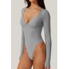 QINSEN Women’s Long Sleeve Bodysuit V Neck Body Suits Seamed Cup Going Out Tops Shirt(Dark Grey)