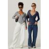 QINSEN Women’s Long Sleeve Bodysuit V Neck Body Suits Seamed Cup Going Out Tops Shirt(Dark Grey)