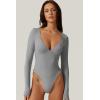 QINSEN Women’s Long Sleeve Bodysuit V Neck Body Suits Seamed Cup Going Out Tops Shirt(Dark Grey)