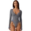 QINSEN Women’s Long Sleeve Bodysuit V Neck Body Suits Seamed Cup Going Out Tops Shirt(Grey)