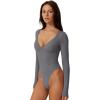 QINSEN Women’s Long Sleeve Bodysuit V Neck Body Suits Seamed Cup Going Out Tops Shirt(Grey)
