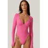 QINSEN Women’s Long Sleeve Bodysuit V Neck Body Suits Seamed Cup Going Out Tops Shirt(Magenta)