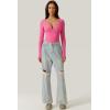 QINSEN Women’s Long Sleeve Bodysuit V Neck Body Suits Seamed Cup Going Out Tops Shirt(Magenta)