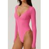 QINSEN Women’s Long Sleeve Bodysuit V Neck Body Suits Seamed Cup Going Out Tops Shirt(Magenta)