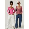 QINSEN Women’s Long Sleeve Bodysuit V Neck Body Suits Seamed Cup Going Out Tops Shirt(Magenta)