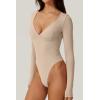 QINSEN Women’s Long Sleeve Bodysuit V Neck Body Suits Seamed Cup Going Out Tops Shirt(Marzipan)