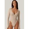 QINSEN Women’s Long Sleeve Bodysuit V Neck Body Suits Seamed Cup Going Out Tops Shirt(Marzipan)