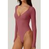 QINSEN Women’s Long Sleeve Bodysuit V Neck Body Suits Seamed Cup Going Out Tops Shirt(Merlot)