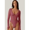 QINSEN Women’s Long Sleeve Bodysuit V Neck Body Suits Seamed Cup Going Out Tops Shirt(Merlot)