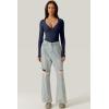 QINSEN Women’s Long Sleeve Bodysuit V Neck Body Suits Seamed Cup Going Out Tops Shirt(Navy Blue)