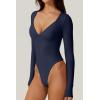 QINSEN Women’s Long Sleeve Bodysuit V Neck Body Suits Seamed Cup Going Out Tops Shirt(Navy Blue)