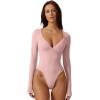 QINSEN Women’s Long Sleeve Bodysuit V Neck Body Suits Seamed Cup Going Out Tops Shirt(Pink)