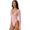 QINSEN Women’s Long Sleeve Bodysuit V Neck Body Suits Seamed Cup Going Out Tops Shirt(Pink)