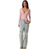 QINSEN Women’s Long Sleeve Bodysuit V Neck Body Suits Seamed Cup Going Out Tops Shirt(Pink)