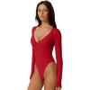 QINSEN Women’s Long Sleeve Bodysuit V Neck Body Suits Seamed Cup Going Out Tops Shirt(Red)