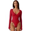 QINSEN Women’s Long Sleeve Bodysuit V Neck Body Suits Seamed Cup Going Out Tops Shirt(Red)