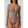 QINSEN Women’s Long Sleeve Bodysuit V Neck Body Suits Seamed Cup Going Out Tops Shirt(Rose Taupe)