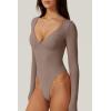 QINSEN Women’s Long Sleeve Bodysuit V Neck Body Suits Seamed Cup Going Out Tops Shirt(Rose Taupe)
