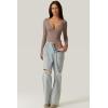 QINSEN Women’s Long Sleeve Bodysuit V Neck Body Suits Seamed Cup Going Out Tops Shirt(Rose Taupe)