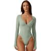QINSEN Women’s Long Sleeve Bodysuit V Neck Body Suits Seamed Cup Going Out Tops Shirt(Smoke Green)