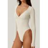 QINSEN Women’s Long Sleeve Bodysuit V Neck Body Suits Seamed Cup Going Out Tops Shirt(Splashed Whit)