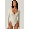 QINSEN Women’s Long Sleeve Bodysuit V Neck Body Suits Seamed Cup Going Out Tops Shirt(Splashed Whit)