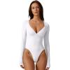 QINSEN Women’s Long Sleeve Bodysuit V Neck Body Suits Seamed Cup Going Out Tops Shirt(White)