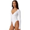 QINSEN Women’s Long Sleeve Bodysuit V Neck Body Suits Seamed Cup Going Out Tops Shirt(White)