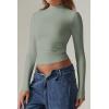 QINSEN Womens Mock Neck Long Sleeve Shirt Double Lined Basic Tees Side Ruched Going Out Crop Tops(Army Green(seagrass Green))